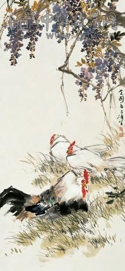 王雪涛 紫藤白鸡图 立轴 设色纸本