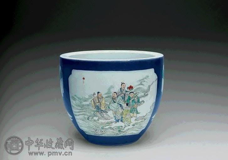 清光绪 洒蓝釉开光五彩人物卷缸