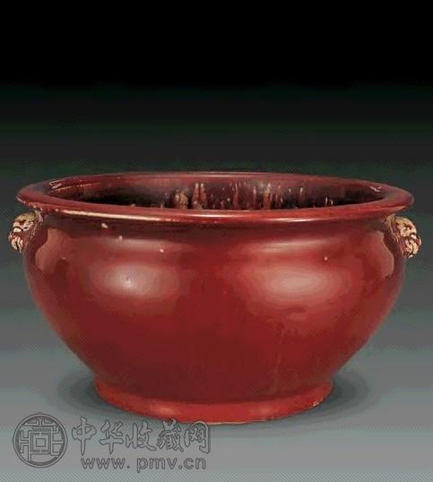 清道光 红釉双狮耳笔洗