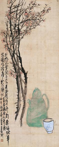 吴昌硕 1906年作 折梅品茗 立轴 设色绢本