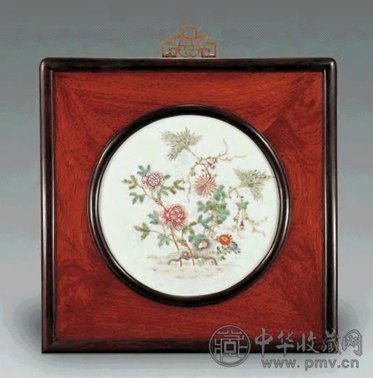 民国 粉彩花卉圆瓷板挂屏