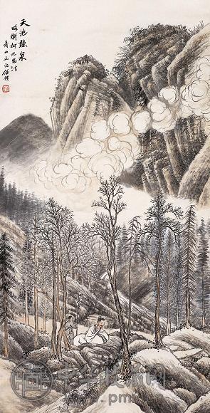 任预 天池听泉图 立轴 设色纸本