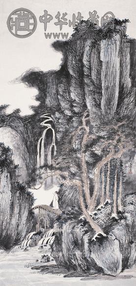 秦仲文 松山飞泉图 立轴 设色纸本