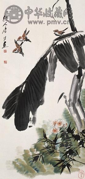 唐云 芭蕉小鸟图 立轴 设色纸本