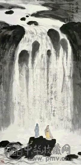 亚明 1984年作 观瀑图 立轴 设色纸本