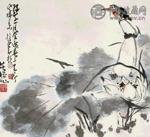 李苦禅 荷叶翠鸟 镜心 设色纸本