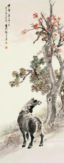 倪田 乙卯(1915年)作 马上封侯图 立轴 设色纸本