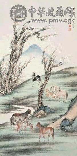 溥佐 春溪八骏 立轴 设色纸本