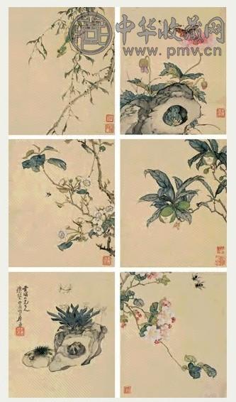 居廉 1874年 花卉、草虫 册页(12开选6) 设色绢本