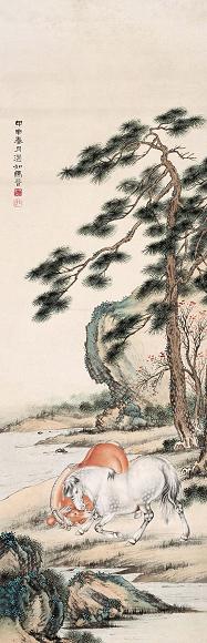 马晋 松下双骏 立轴 纸本