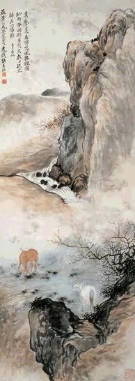 张善孖 1929年 溪山双骏图 轴 纸本设色