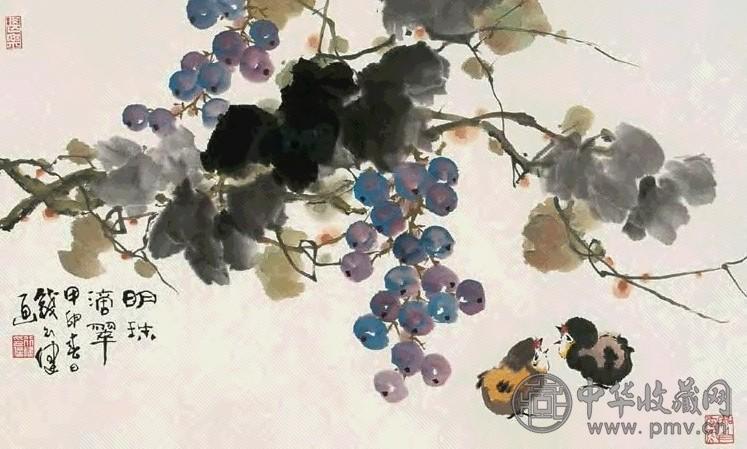 钱行健 2004年作 葡萄小鸟图 镜心 设色纸本