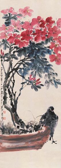 唐云 杜鹃栖雀图 立轴 设色纸本