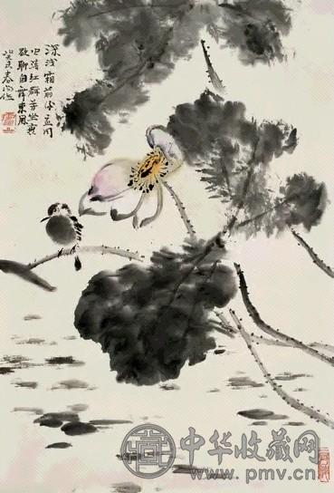 霍春阳 2003年作 荷花小鸟 托片 纸本