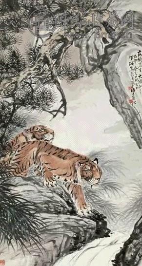 朱文侯 1939年作 双虎松树 立轴