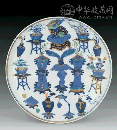 清光绪 青花加彩博古图盆