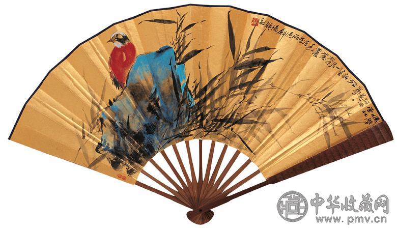 韩敏 竹石花鸟 成扇 设色金笺