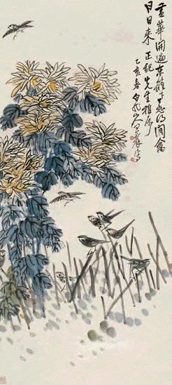 王震 1935年作 东篱闲趣 立轴 设色纸本