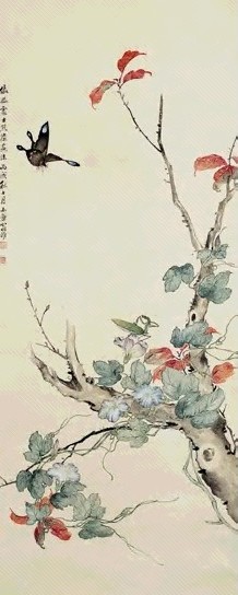 翁小海 螳蝶紫卉图 轴