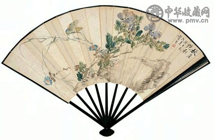 窦麟 秋庭艳影 成扇 设色绢本