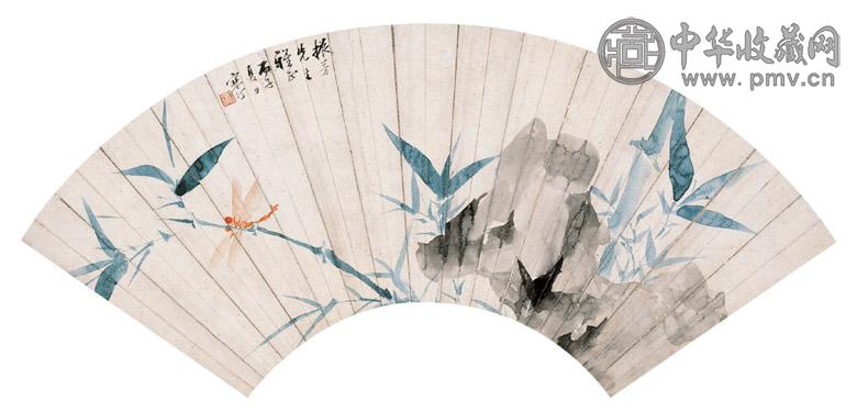 江寒汀 1936年作 红蜓竹翠图 扇面镜心 设色纸本