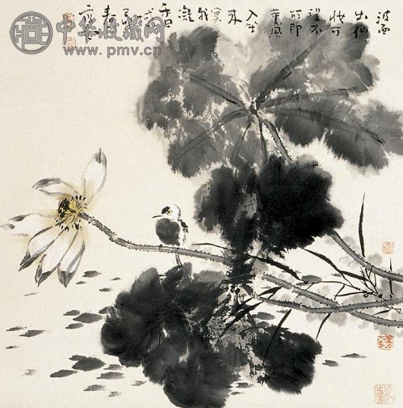 霍春阳 荷花小鸟 镜心 设色纸本