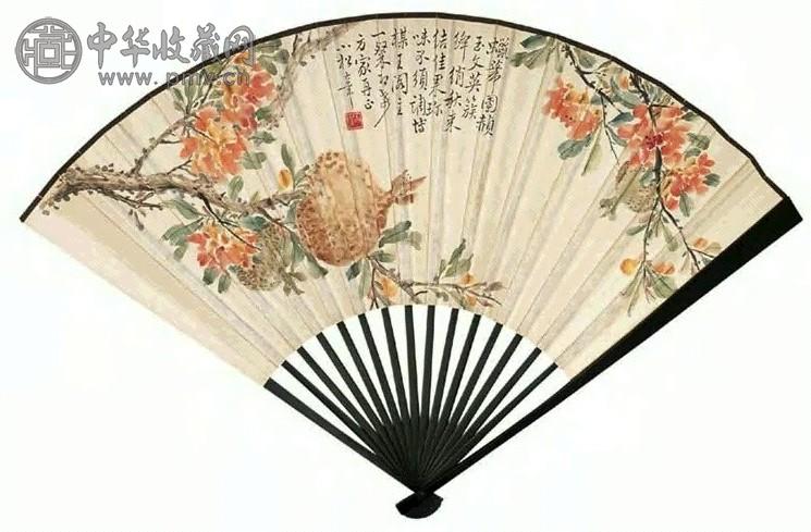 童大年 石榴图、书法 成扇 设色纸本