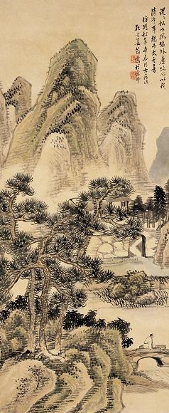 姜筠 松风听音图 立轴 设色纸本