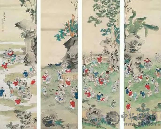 任率英 百子嬉戏图四屏 立轴 设色纸本