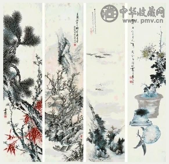 胡璋 山水 花卉 四条屏 纸本