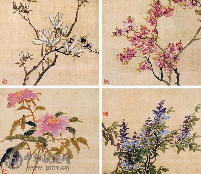 周闲 绢本花卉 册页(8开选4) 设色绢本