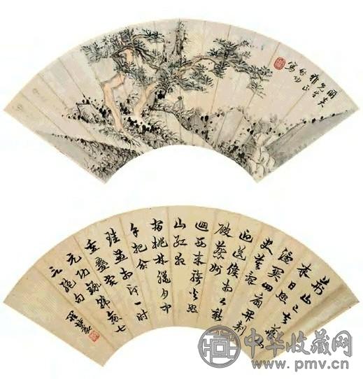 罗复堪 书画合璧 二帧 扇面 设色纸本