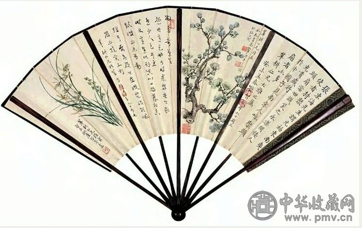 缪谷瑛 1943年 书画合璧 扇面 设色纸本