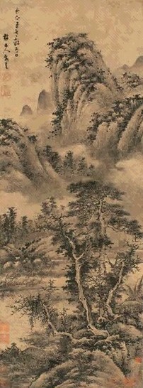 吴镇(款) 1345年作 水墨山水 立轴 纸本