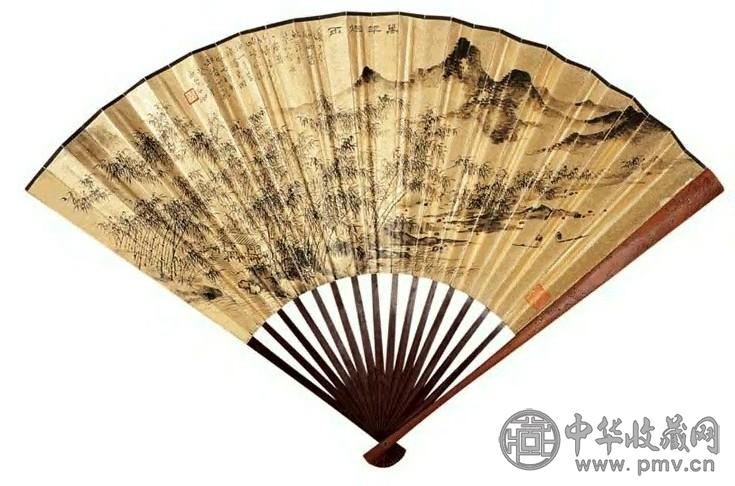 申石伽 高振霄 癸未(1943年)作 甲申(1944年)? 万竿烟雨图 隶书 成扇 水墨泥金笺本