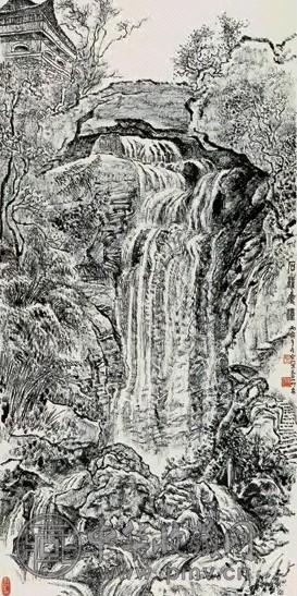 张仃 丙寅(1986年)作 石梁飞瀑图 轴 纸本水墨
