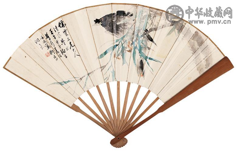 朱偁 1882年作 花鸟 成扇 设色纸本