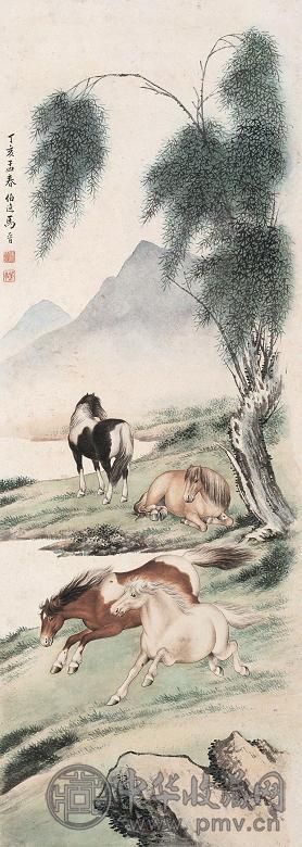 马晋 丁亥(1947年)作 柳荫放牧图 立轴 设色纸本