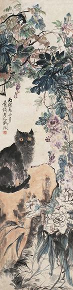 吴徵 花荫小猫 立轴 设色纸本