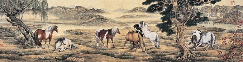 马晋 庚申(1920年)作 八骏图 镜心 设色绢本