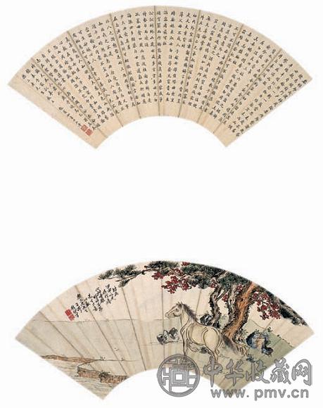 冯超然 松下立马 扇面 设色纸本