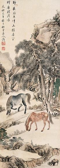 溥儒 临赵松雪双骏图 镜心 设色纸本