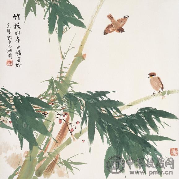 田镛 竹枝双雀 立轴 设色纸本