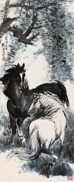 刘旦宅 癸未(2003年)作 双骏图 立轴 设色纸本