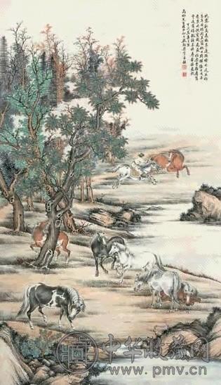 殷梓湘 八骏图 立轴 设色纸本