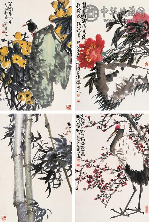 盛力人 花鸟组合(4幅) 镜心 设色纸本