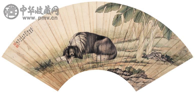 马晋 己巳(1929年)作 芭蕉犬 扇面 纸本