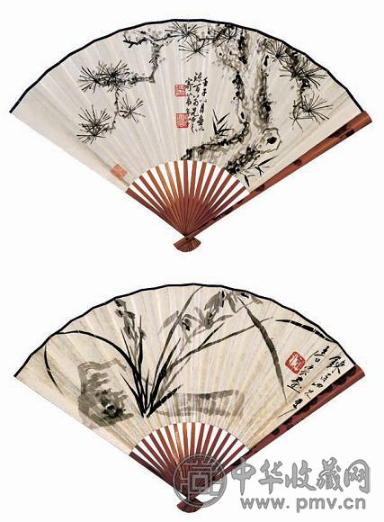 唐云 兰石 成扇 设色纸本