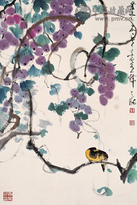 韩天衡 葡萄 鸟 镜心 设色纸本