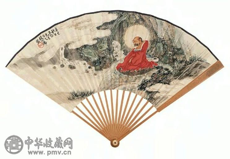 钱化佛 辛巳(1941年)作 达摩 成扇 设色纸本